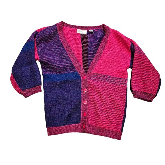 Vintage Sweaters - Vtg Novelli Colorblock Checkered Cardigan Sweater Womens S Pink Purple Retro